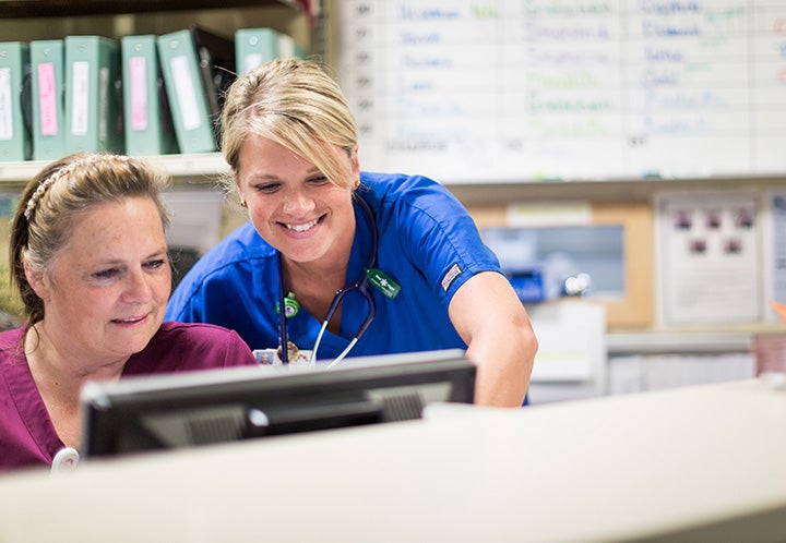 Two nurses focused on a computer screen, collaborating diligently.