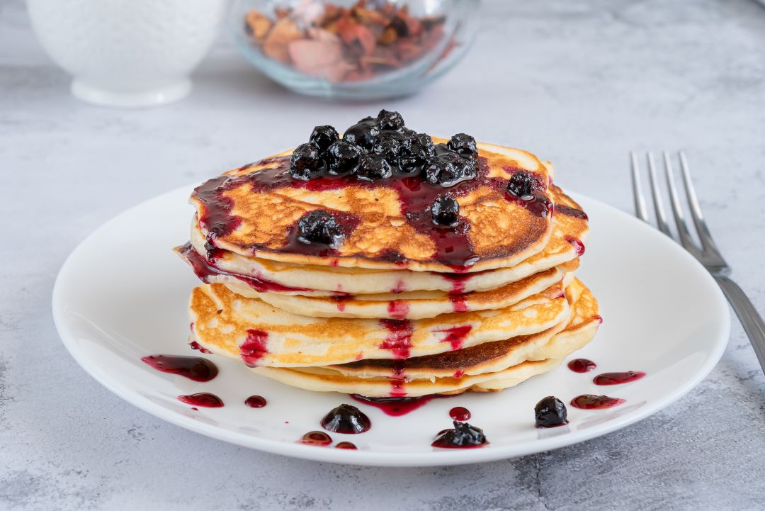 Fluffy Flax Pancakes with Blueberry Compote