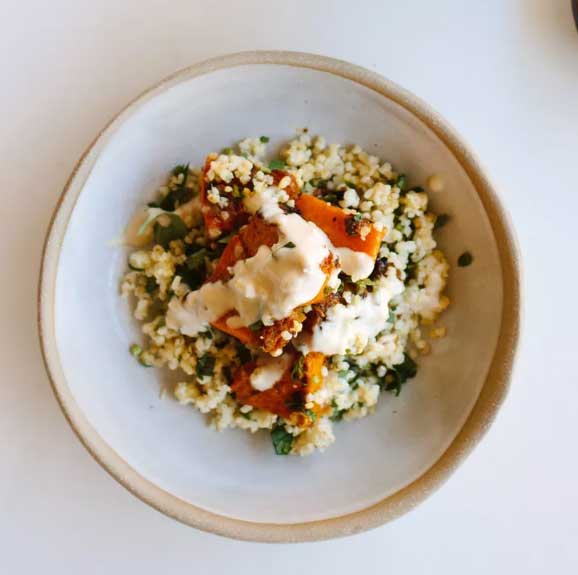 Spice-Roasted Butternut Squash with Herbed Millet and Tahini Dressing